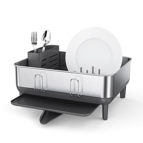 Image of simplehuman Compact Steel Frame Dish Rack, Kitchen Drainer, 360º Swivel Spout, Wine Glass & Cutlery Holder, Grey with Brushed Stainless Steel, W 38.0cm x H 19.0cm x D 39.4cm, KT1184DC