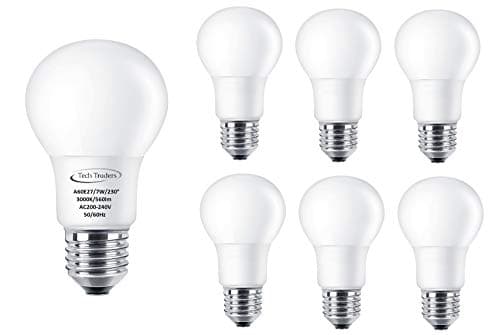 Image of Tech Traders ® LED E27 Screw Light Bulbs 70W Equivalent, A60, Warm White (3000K), 7W LED ES GLS Bulb, Ultra Bright 560Lm, LED Light Bulb, Energy Saving Light Bulbs -Pack of 6, Warm White 7W(3000K)