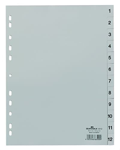 Image of Durable Numeric Register Index | A4 Embossed Tabs 1-12 | Made From PP | Grey | Pack of 25 | Perfect for Organising Important Document