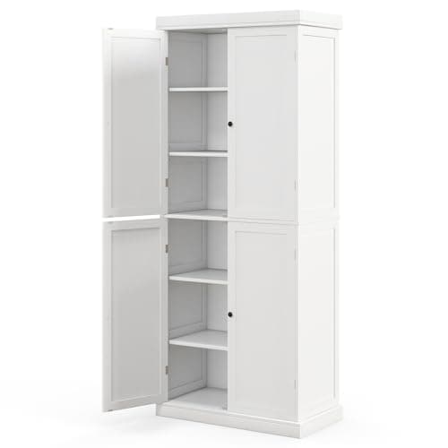 Image of GiantexUK Tall Kitchen Cupboard, Pantry Storage Cabinet with 4 Doors, Adjustable Shelves & Anti-Tipping Device, Freestanding Kitchen Sideboard Units for Dining Living Room (White, 76x40x184cm)