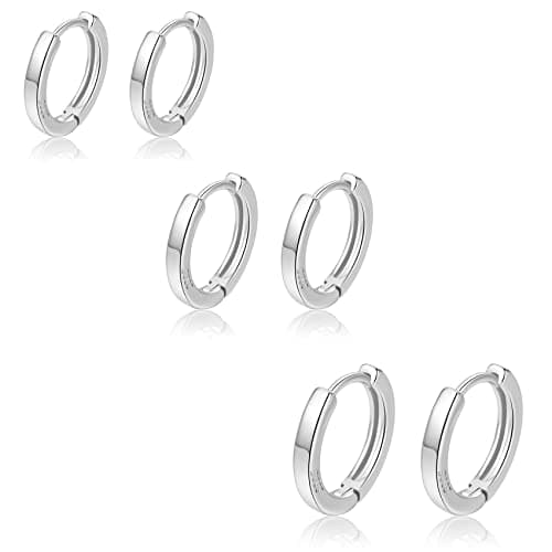 Image of 3 Pairs Sterling Silver Hoop Earrings for Women S925 Huggie Hoop Earrings With Cubic Zirconia Small Cartilage Sleepers Huggie Hinged Earrings Set for Girls Men
