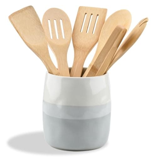 Image of YoHyien Ceramic Kitchen Utensil Holder, Cooking Utensils Pot for Countertop Organisation, Cutlery Storage Jar for Spoons, Spatulas, Tableware, Cream and Grey Layered Design (L)