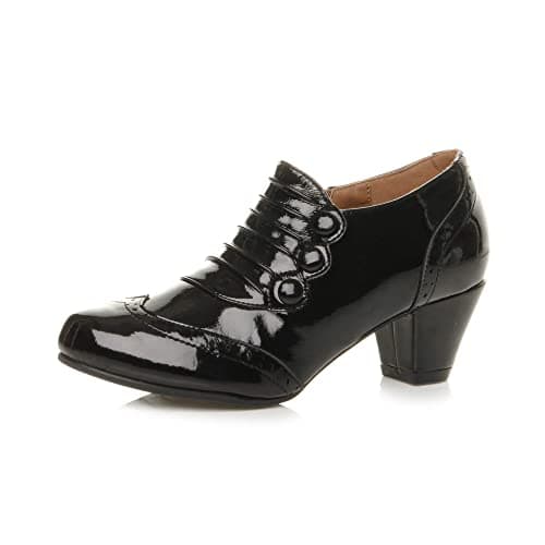 Image of Ajvani Womens Ladies mid Heel Buttons Zip Brogue Ankle Shoe Boots Booties, Black Patent, 6 UK