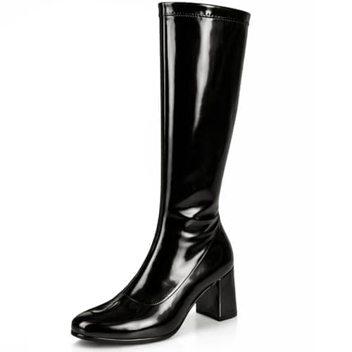 Image of AYZAL Women’s Ladies Fancy Dress 1960'S 70'S Knee high Go Go Boots Retro Block Heel Girls boots (Black, UK Footwear Size System, Adult, Women, Numeric, Medium, 6)