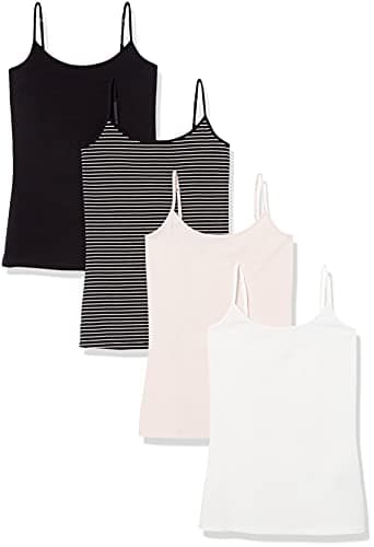 Image of Amazon Essentials Women's Slim-Fit Camisole, Pack of 4, Black/Pale Pink/Stripes/White, M
