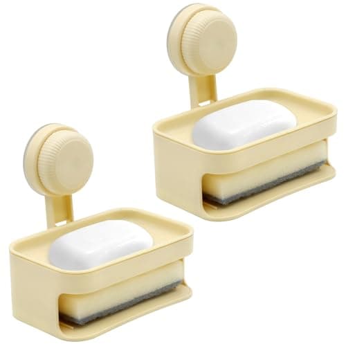 Image of Yuaerbuo 2 Pack Suction Plastic Soap Dish, Double Layer Removable Suction Soaps Holder With Drainage for Shower Drill-Free Wall Soaps Holder with Sponge for Bathroom Kitchen Sink (Milky White)