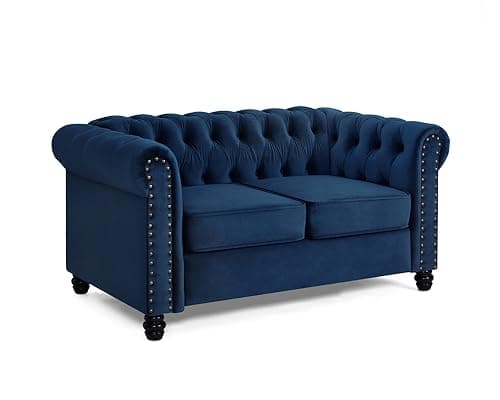 Image of Home Detail Chesterfield Sofa Velvet Upholstered Couch in 2 Seater or 3 Seater Fabric Sofa in Grey, Blue, Black, Green, Gold (2 Seater, Blue)
