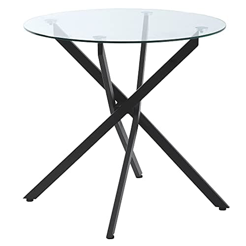 Image of HOMCOM Dining Table with Clear Tempered Glass Top, Round Table with Metal Legs, Modern Kitchen Table for Dining Room Living Room, Black