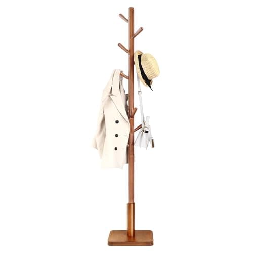 Image of VASAGLE Coat Rack, Solid Wood Coat Stand, Free Standing Hall Coat Tree with 8 Hooks for Coats, Hats, Bags, Purses, for Entryway, Hallway, Rubberwood Hooks and Pole, Dark Walnut RCR010W01
