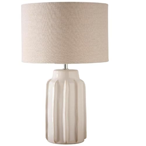 Image of Britalia Ceramic Table Lamp, 47cm Cream Base, Beige Fabric Shade, Modern Ribbed Design