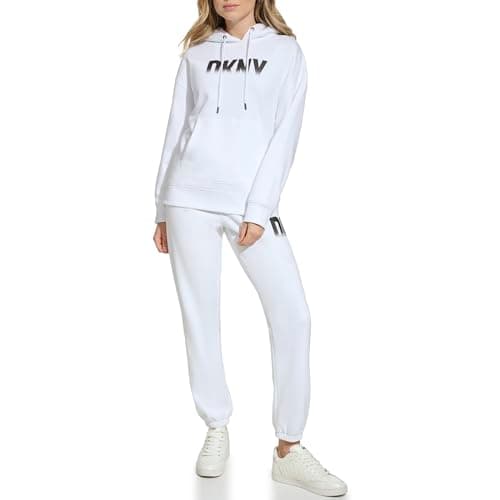 Image of DKNY Women's Fade Away Logo Longline Sweatshirt Hooded, White, L
