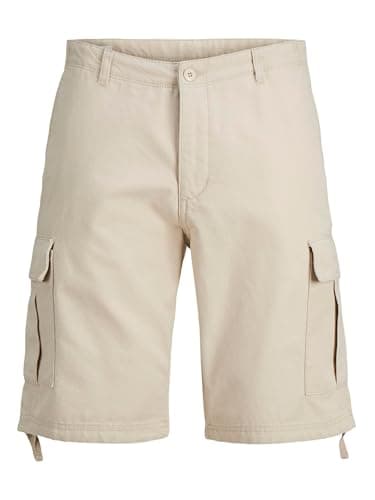 Image of JACK & JONES Cargo Shorts, 100% Cotton Combat Knee Length Half Pants for Summer Outdoor Shorts for Men UK, Moon Beam Colour, Size - S Off-White