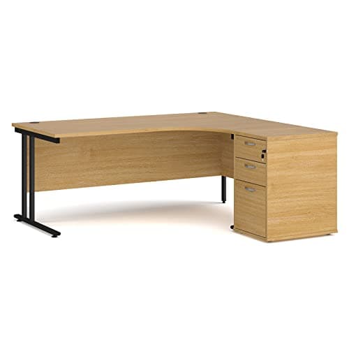 Image of Mr Office Maestro 25 right hand ergonomic desk with black cantilever frame and desk high pedestal bundle, Oak, 1800
