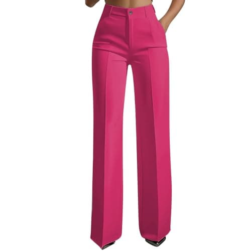 Image of Women's Straight Leg Smart Trousers Comfortable Casual Tailored Trousers with Pockets Elegant Solid Colour Formal Office Work Suit Pant Hot Pink