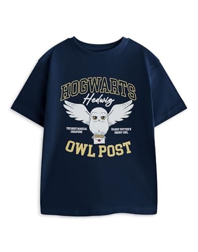 Image of Harry Potter Hedwig Girls Navy Blue Graphic Tee | Short Sleeve Crew Neck Top with Hogwarts Owl Post Print | Kids Character T-Shirt Merch - 11-12 Years