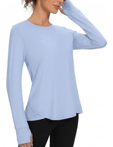 Image of Gyabnw Gym Tops for Women UK Long Sleeve Crew Neck Activewear Quick Dry for Yoga Running Fitness Tops Light Blue