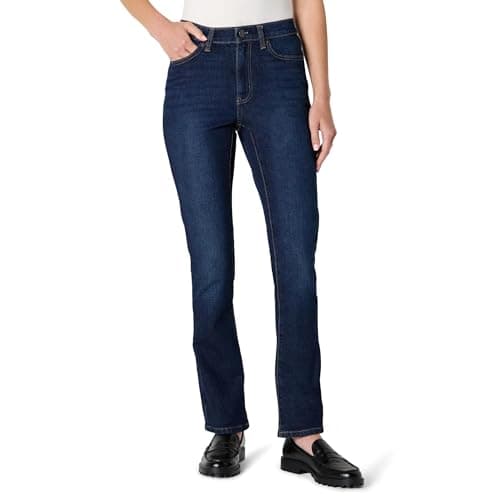 Image of Amazon Essentials Women's Medium-Stretch Slim-Fit Mid-Rise Straight Leg Jeans, Dark Wash, 12-14