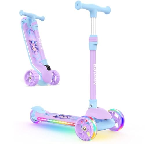 Image of BELEEV Scooter for Kids with Light-Up Wheels & Deck, 3 Wheel Folding Scooter for Toddlers Girls Boys, 4 Adjustable Height, Non-Slip Pattern Deck, Kick Scooter for Children Ages 3-12(Purple)