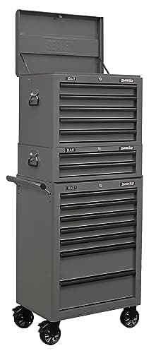 Image of Sealey Topchest, Mid-Box & Rollcab Combination/Tool Chest on Wheels, 14 Drawer with Ball-Bearing Slides - Grey - APSTACKTGR