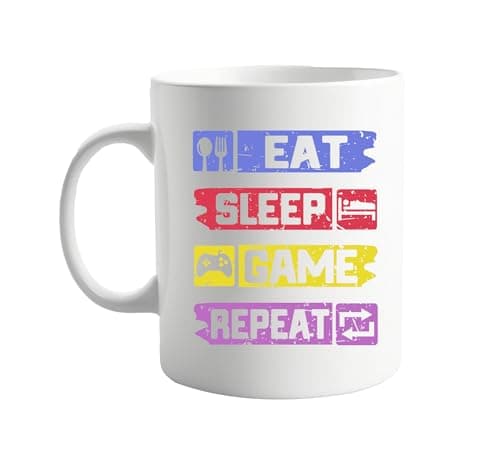 Image of Eat Sleep Game Repeat - Funny 11oz Ceramic Coffee Mug, Perfect for Gamers, Casual Gift for Friends, Family, or Colleagues Who Love Gaming and Humour