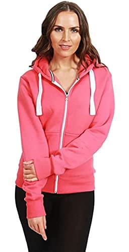 Image of New Womens Front Zip Up Hoodie Ladies Long Sleeve Plain Sweatshirt Fleece Hoody Hooded Jacket Coral Size 12