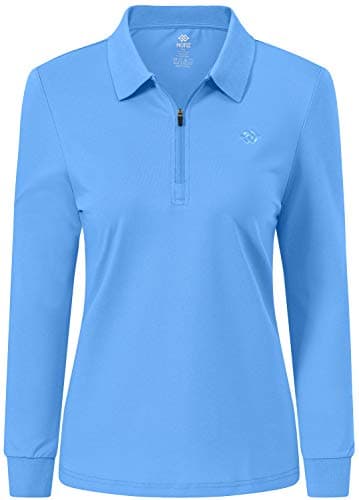 Image of MoFiz Women's Long Sleeve Polo T-Shirts Lady Fit Cotton Golf Tops Casual Sports Polo Shirt Sky-Blue Size S
