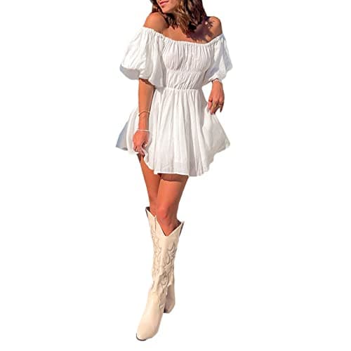 Image of Loalirando Women Elegant Short Puff Sleeve Off-Shoulder Tunic Dress Solid Color Square Neck Elastic Waist A-line Mini Dress Streetwear (White, S)