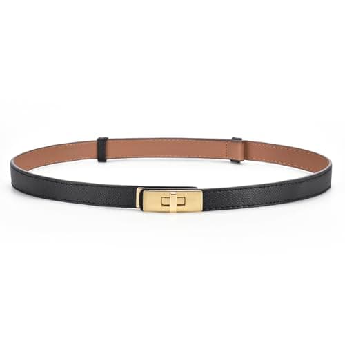 Image of HATOFES Women Ladies Adjustable Skinny Leather Belt Solid Alloy Turn Lock Slim Thin Waist Belt Waistband Decorative Belt For Dresses Jeans Pants (Black/Gold)