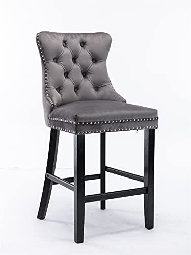 Image of HomeTouch Luxury Velvet Upholetered Bar Stools with Knocker Back Single Kitchen Breakfast BarStool with Oak Wood Wooden Legs for Counter (1, Grey)