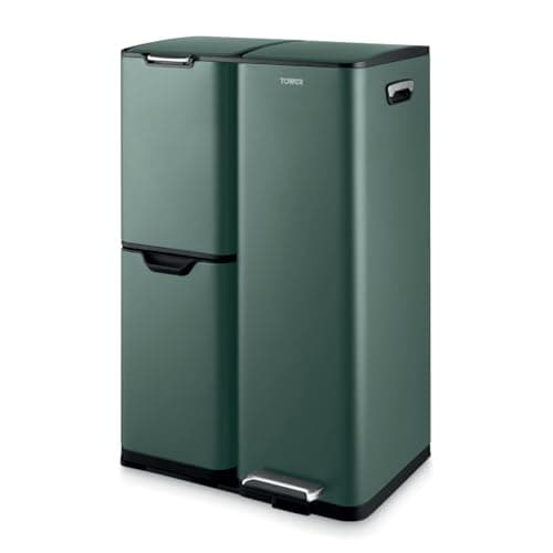 Image of Tower Recycling Pedal Bin, Three Individual Compartments with Removable Inner Buckets, Carbon Steel Body, 60L, Forest Green