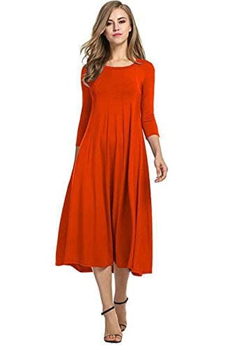 Image of Womens Ladies Plain Jersey Swing Dress Casual Long Sleeve Midi Dress Skater UK Size (Red, 12-14)