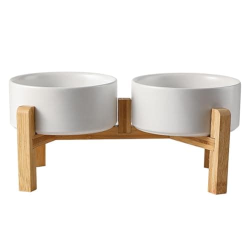 Image of Cnwinu Elevated Dog Bowls Set,Raised Dog Bowls with Wooden Stand,Ceramic Cat Bowls for Small and Medium Dogs & Cats,Dog Feeding Station for Eating Food & Drinking Water,2 x 850 ML(White)