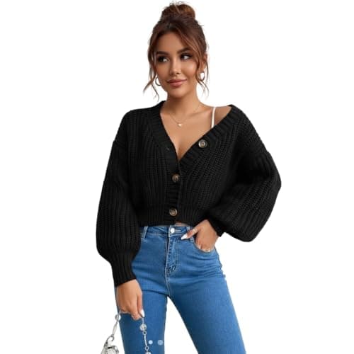 Image of LUXFAB Womens Balloon Sleeve Chunky Knitted 3 Button Crop Cardigan V Neck Stretchy Fisher Knit Sweater Winter Warm Fancy Party Wear Top UK 8-14 Size (UK, Alpha, One Size, Regular, Regular, Black)