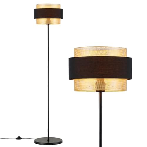 Image of HARPER LIVING Black & Gold Floor Lamp, 40W E27 Standing Lamps for Living Room, Bedroom - Metal Mesh & Fabric Shade, Modern Vintage Standard Light - 141cm Height, No Bulb