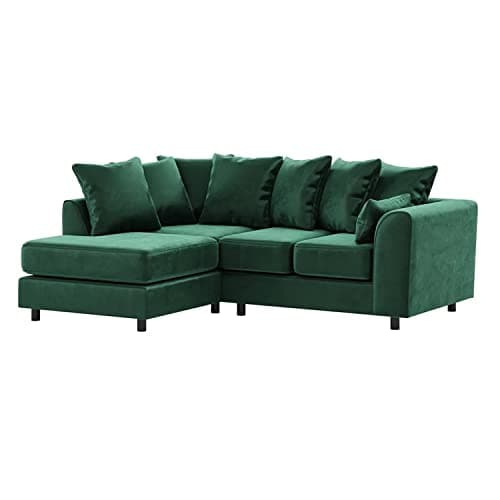 Image of Furnishings For Less UK Green Corner Sofa | Brooklyn Emerald Plush Velvet 4 Seater L Shaped Corner Sofa Full Foam seating LH (Green, Left Hand Facing)