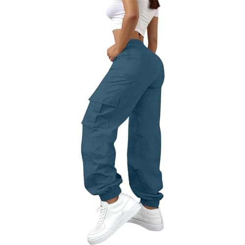 Image of AIDTFUIEY Womens Cuffed Cargo Trousers Elastic Waist Drawstring Outdoor Pants Multi-Pockets Loose Fit Casual Sports Outdoor Hiking Streetwear Combat Pants (Navy, L)