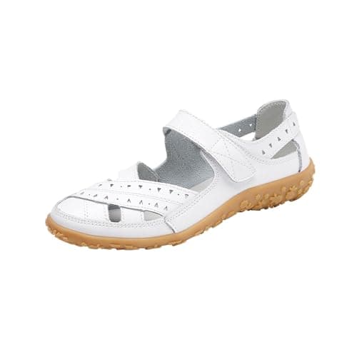 Image of AEGJEGVD Leather Sandals for Women Flat Wedge Sandals Anti-slip Platform Beach Shoes Orthopedic Sandals Hollow Hole Shoes Closed Toe Sandals Leather Sandal Retro Leather Roman Garden Walking Shoes