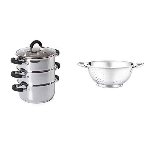 Image of Tower T80836 Essentials Induction Steamer Pans 3 Tier with Glass Lid, Silicone Handles, Stainless Steel, Steamer Cooking, Polished Mirror Finish, 18 cm, Silver & Stainless Steel Collection Colander