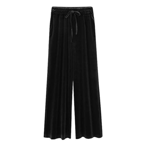 Image of Women Velvet Pants UK Clearance Wide Leg Solid Trousers with Pocket Drawstring Elastic High Waisted Jogger Vintage Loose Plus Size Stretch Trousers Ladies Casual Business Work Long Pants Black