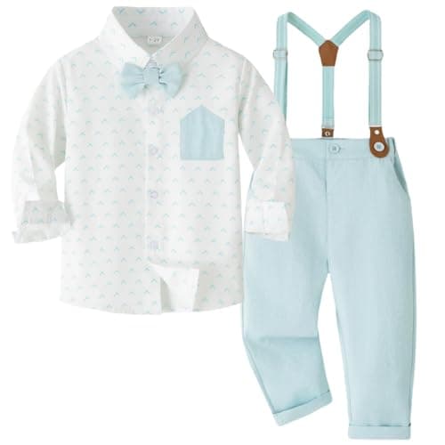 Image of Yaopelky Toddler Boy Formal Suit Set Gentleman Outfits Long Sleeve Shirt with Bow Tie Suspender Pant Boys Wedding Dress Suits (UK, Age, 4 Years, 5 Years, Light Blue)