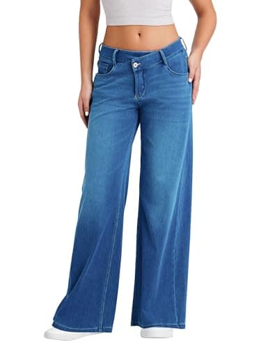 Image of LaiEr Large Wide Leg Jeans for Women, Unique Zipper Waist Design, Straight Cut, Loose fit, Suitable for Casual, Yoga, Fitness High Elasticity Denim Pants.(Medium Light blueXL)