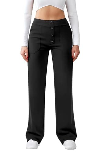 Image of Friptspyg Women's High Waist Wide Leg Trousers Button Straight Leg Trousers Casual Work Trousers Stretch Yoga Trousers with Pockets, Black L