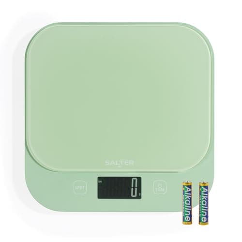 Image of Salter British Bakes Digital Kitchen Scale – 10kg Capacity Baking Scale, Measure Liquids, Waterproof/Washable, Add & Weigh Tare Function, Tempered Glass Platform, 1g Precision, Backlit Display, Green