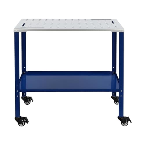 Image of Welding Table, Steel Welding Workbench Table on Wheels Brakes, 2 Tier Work Bench with 5/8”Fixture Holes, 4 Tool Slots & Storage Tray, 36x18cm, 1200lbs Max
