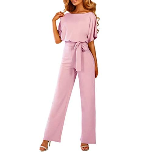 Image of OVARA Womens Jumpsuit Elegant Short Sleeve Romper Playsuit Ladies Plain Casual Sraight Leg All In One Jumpsuits Summer Comfy Classic One Piece Pants Onesies with Belt