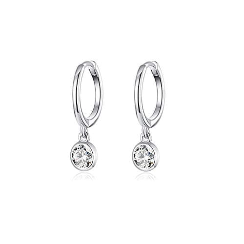 Image of CZ Bezel Dangle Hoop Earrings for Women Girls 925 Sterling Silver Charms Minimalist Tiny Round Cubic Zirconia Drop Dangling Cartilage Helix Tragus Diamond Solicate Hypoallergenic Jewelry (Silver)