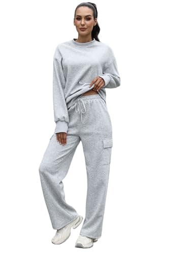 Image of SotRong Women's 2 Piece Sweatsuit Tracksuit Set Oversized Crewneck Sweatshirt & Wide Leg Cargo Jogger Pants with Drawstring Casual Leisure Suits Cozy Winter Loungewear Grey XL