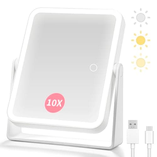 Image of Rechargeable Magnifying Mirror with Lights,1X/10X Double Sided Makeup Mirror-3 Color Light-Smart Touch Screen Dimming-360°Rotation,Portable Desktop LED Magnifying Mirrors for Makeup/Travelling