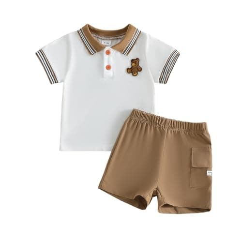 Image of Vioyavo Toddler Baby Boys Summer Clothes Outfit Bear Embroidery Short Sleeve Turn Down Collar T-shirt Top Elastic Waist Shorts Set (White, 12-18 Months)