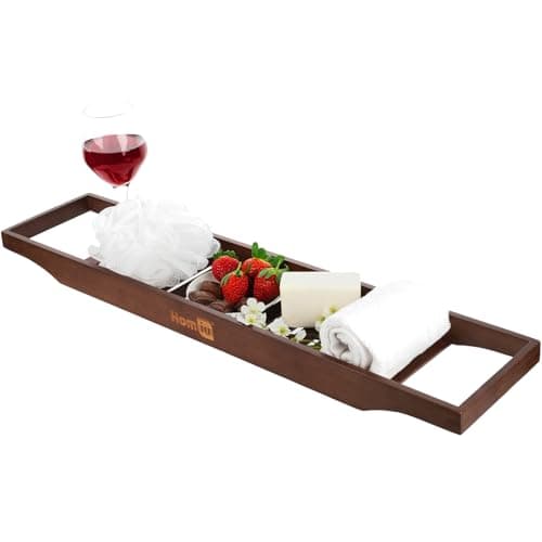 Image of Homiu Bamboo Bath Caddy Tray | Bath Shelf Over Bath Home Spa Bath Caddy | Bath Rack Holder Books Wine Glass Candle Slatted Shelf | Bathroom Accessories Storage Organiser | Wood Bath Table (Brown)
